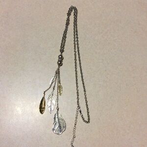 4/$20  Long chain necklace with feathers in brass & silver rhinestones